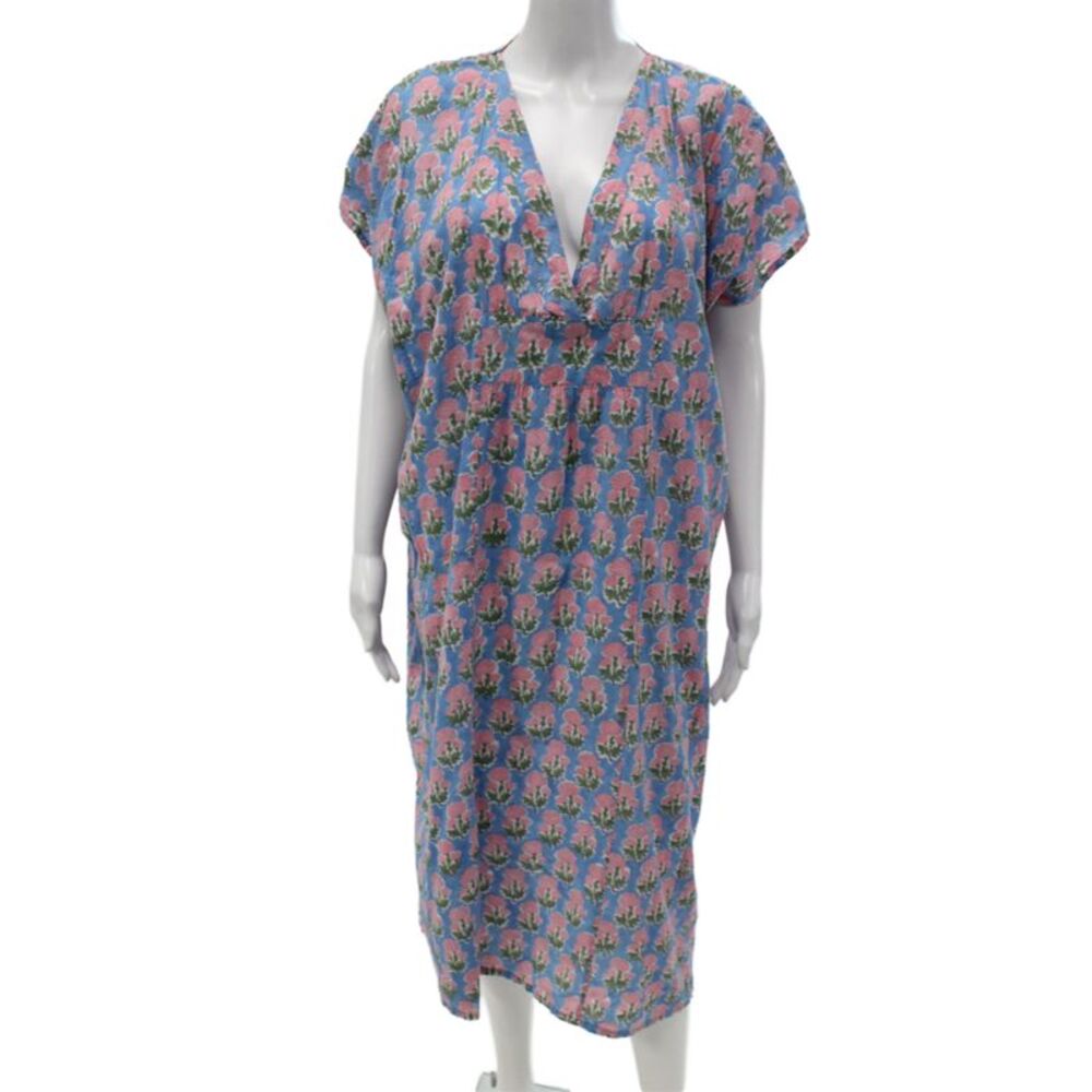 India Collection Women Blue Floral V-Neck Shift Maxi Dress Size One Size